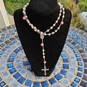 Faux Pearl Pink Glass Roses Rosary